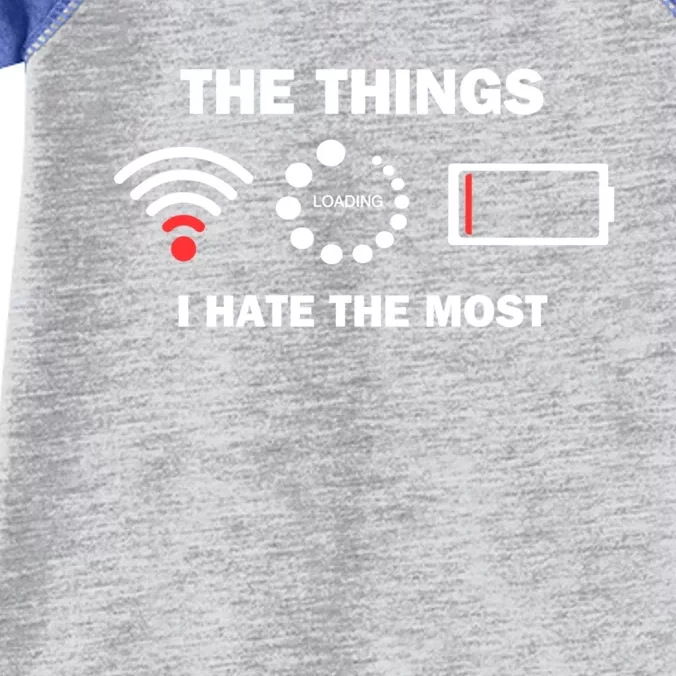 Things I Hate Bad Wifi Signal Buffering Low Battery Meme Gift Infant Baby Jersey Bodysuit