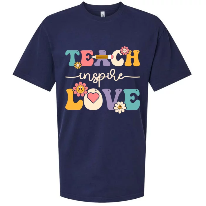 Teach Inspire Love Groovy Preschool Kindergarten Teacher Gift Sueded Cloud Jersey T-Shirt