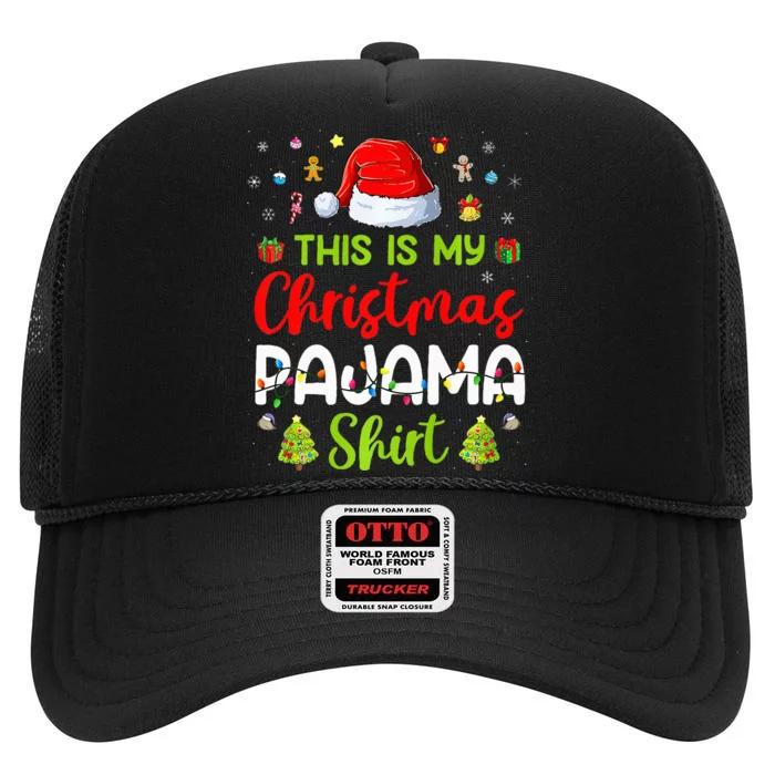 This Is My Christmas Pajama Xmas Lights Holiday Family High Crown Mesh Trucker Hat