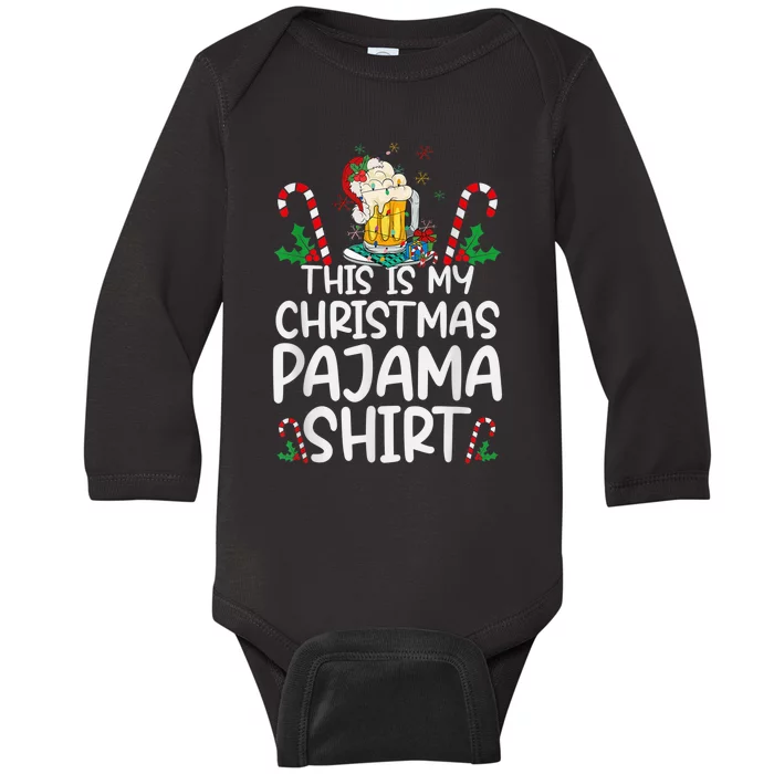 This Is My Christmas Pajama Shirt Beer Santa Hat Baby Long Sleeve Bodysuit