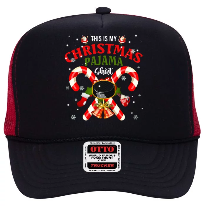 This Is My Christmas Pajama Gift Santa Ice Hockey Players Gift High Crown Mesh Trucker Hat