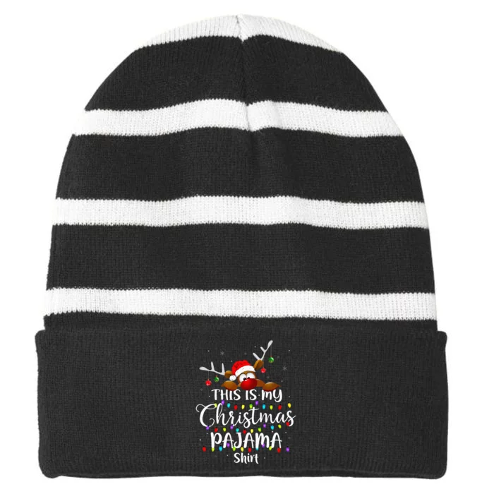 This Is My Christmas Pajama Xmas Lights Striped Beanie with Solid Band