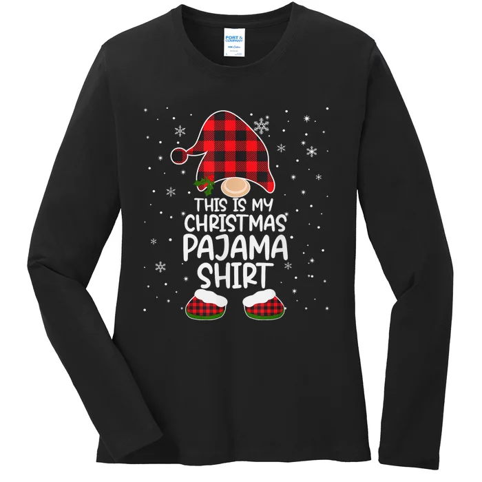 This Is My Christmas Pajama Shirt Gnome Xmas Red Plaid Ladies Long Sleeve Shirt