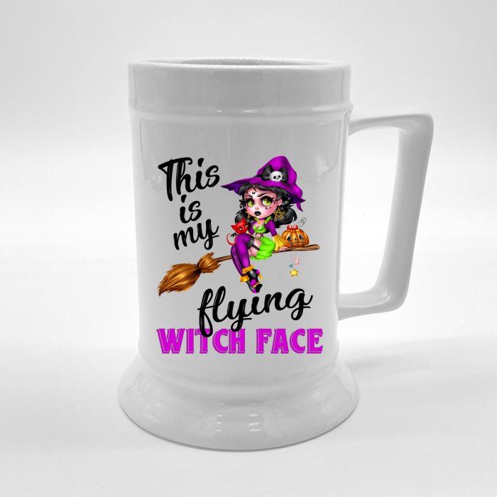 This Is My Flying Witch Face Cute Goth Witch On Broomstick Gift Front & Back Beer Stein