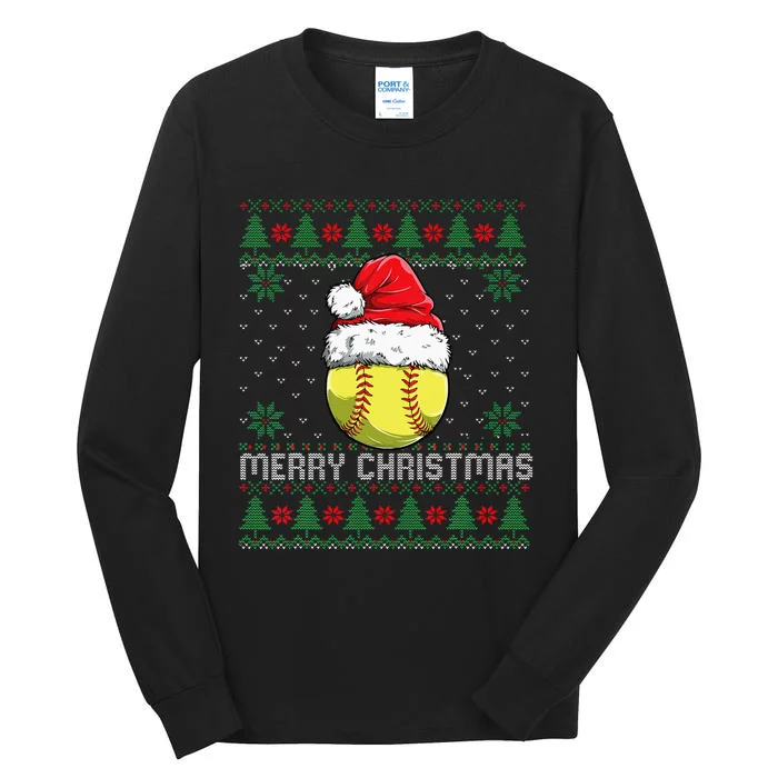 This Is My Christmas Pjamama Softball With Santa Hat Xmas Tall Long Sleeve T-Shirt