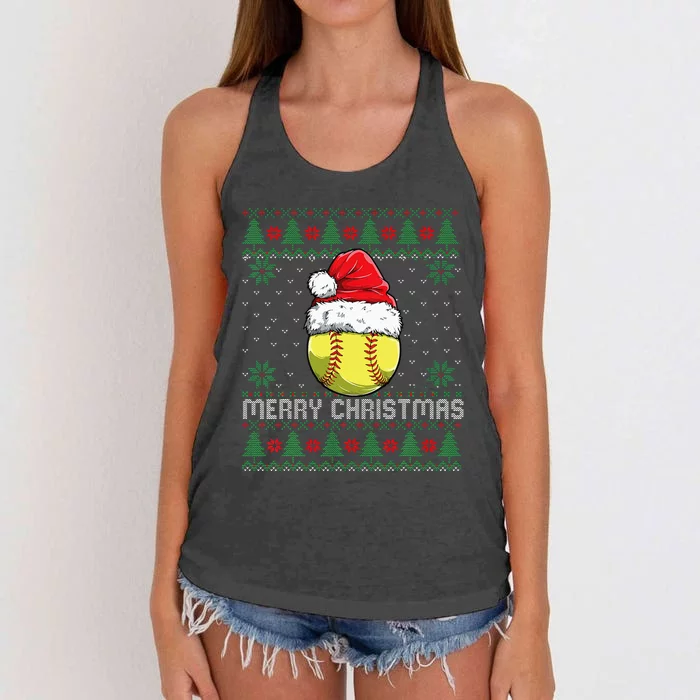 This Is My Christmas Pjamama Softball With Santa Hat Xmas Women's Knotted Racerback Tank