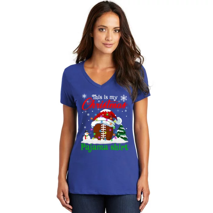 This Is My Christmas Pajama Xmas Lights Rugby Ball Lover Cool Gift Women's V-Neck T-Shirt