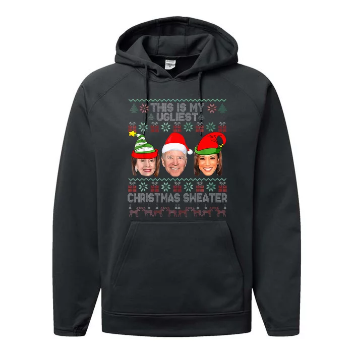 This Is My Ugliest Christmas Anti Biden Sweater Funny Xmas Performance Fleece Hoodie