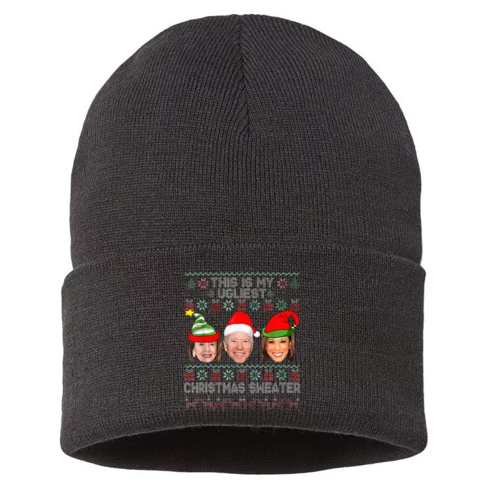 This Is My Ugliest Christmas Anti Biden Sweater Funny Xmas Sustainable Knit Beanie