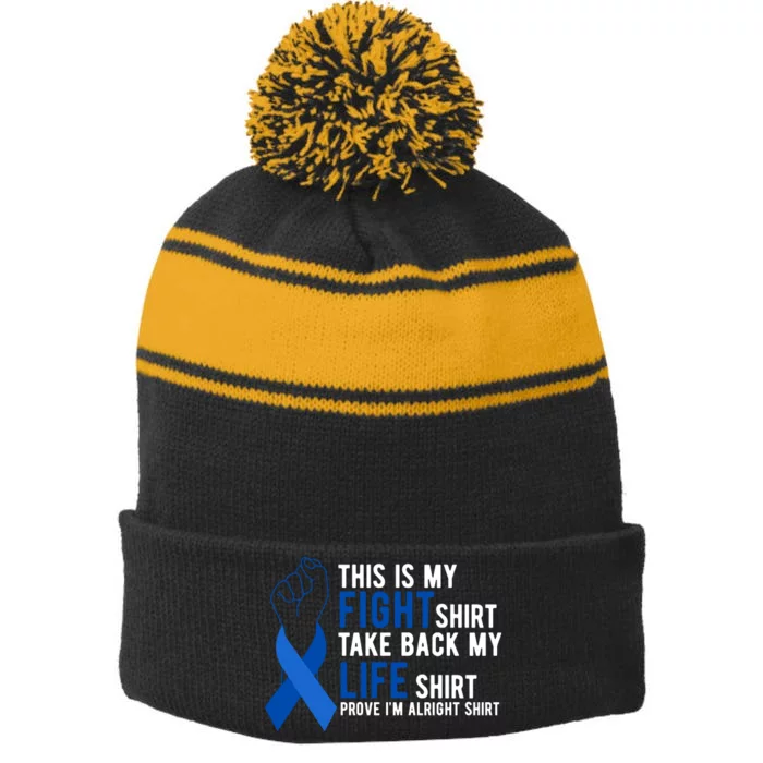 This Is My Fight Colon Cancer Awareness Stripe Pom Pom Beanie