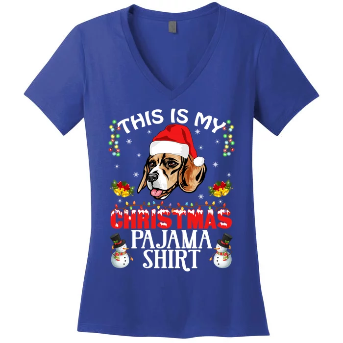 This Is My Christmas Pajama Meaningful Gift Beagle Dog Santa Hat Funny Gift Women's V-Neck T-Shirt