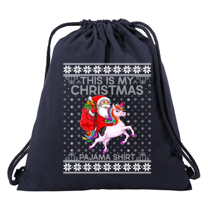 This Is My Christmas Pajamas Santa Riding Unicorn Ugly Gift Drawstring Bag