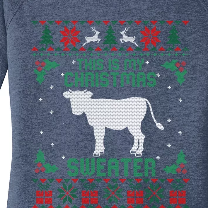 This Is My Christmas Sweater Cow Lover Funny Gift Cow Ugly Xmas Gift Women's Perfect Tri Tunic Long Sleeve Shirt