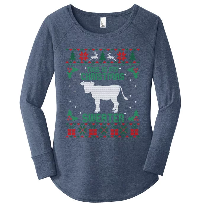 This Is My Christmas Sweater Cow Lover Funny Gift Cow Ugly Xmas Gift Women's Perfect Tri Tunic Long Sleeve Shirt