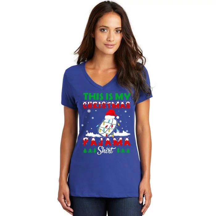 This Is My Christmas Pajama Ice Hockey Santa Hat Xmas Lights Gift Women's V-Neck T-Shirt