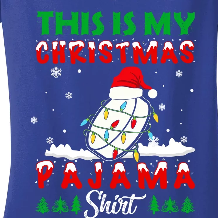 This Is My Christmas Pajama Ice Hockey Santa Hat Xmas Lights Gift Women's V-Neck T-Shirt