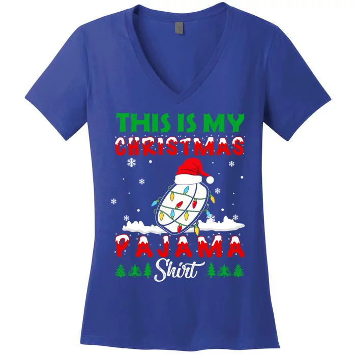 This Is My Christmas Pajama Ice Hockey Santa Hat Xmas Lights Gift Women's V-Neck T-Shirt