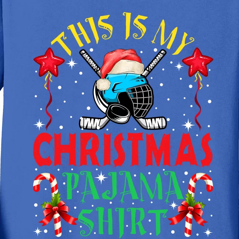 This Is My Christmas Pajama Gift Funny Hockey Santa Hat Great Gift Kids Long Sleeve Shirt