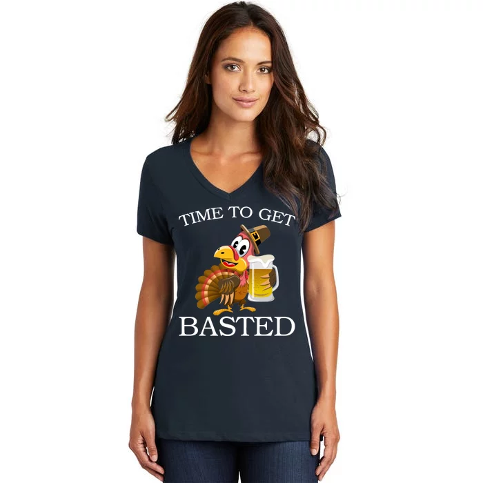 Time To Get Basted Funny Thanksgiving Women's V-Neck T-Shirt