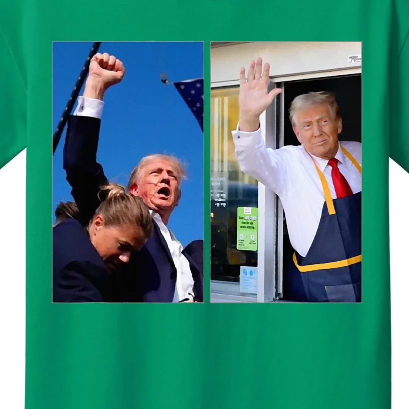 Trump Iconic Photos Waving Fast Food Fist In Air Rally Pa Kids T-Shirt