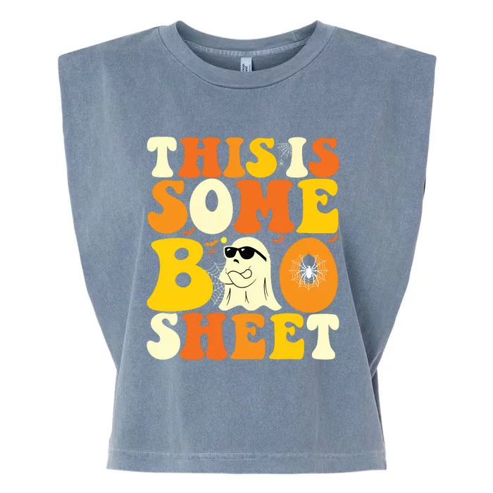 This Is Some Boo Sheet Retro Groovy Halloween Cute Boo Ghost Garment-Dyed Women's Muscle Tee