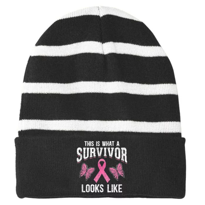 This Is What A Survivor Looks Like Breast Cancer Awareness Striped Beanie with Solid Band