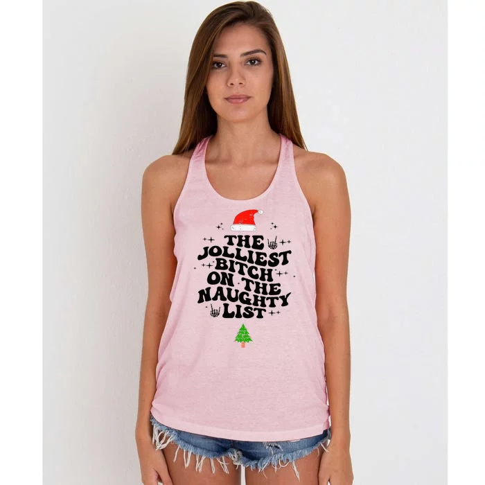 The Jolliest Bitch On The Naughty List Funny Christmas Women's Knotted Racerback Tank