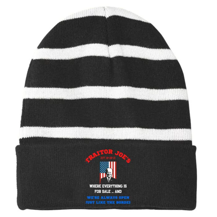 Traitor Joes Funny Anti Biden Striped Beanie with Solid Band