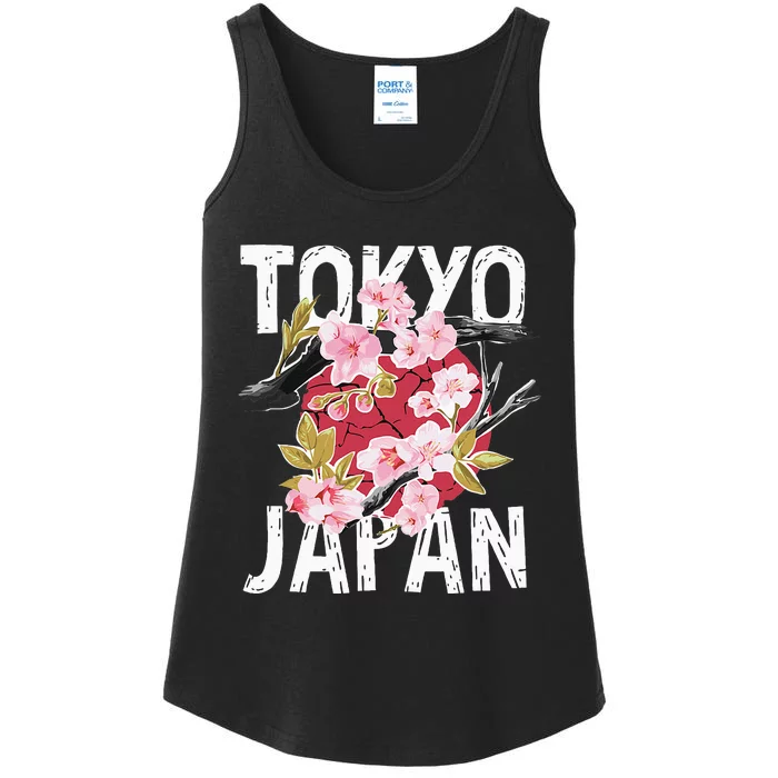 Tokyo Japan Sakura Cherry Blossom On Japan Red Sun Ladies Essential Tank