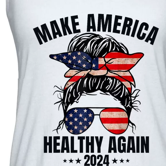 Trump Kennedy Make America Healthy Again Messy Bun Us Flag Ladies Essential Flowy Tank