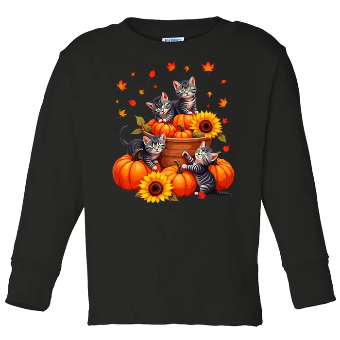 Thanksgiving Kittens & Pumpkin Cat Lover Harvest Festival Toddler Long Sleeve Shirt