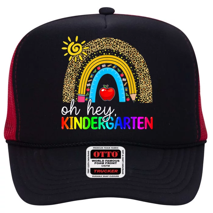 Team Kinder Teacher Rainbow Leopard Oh Hey Kindergarten Gift High Crown Mesh Trucker Hat