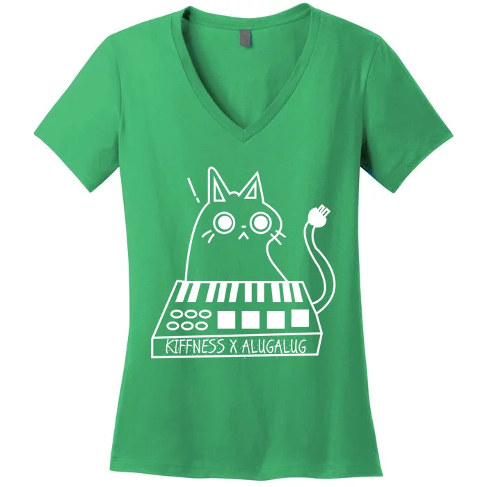 The Kiffness X Alugalug White Cat Classic Alugalug Luga Luga Meme Meow Music The Women's V-Neck T-Shirt