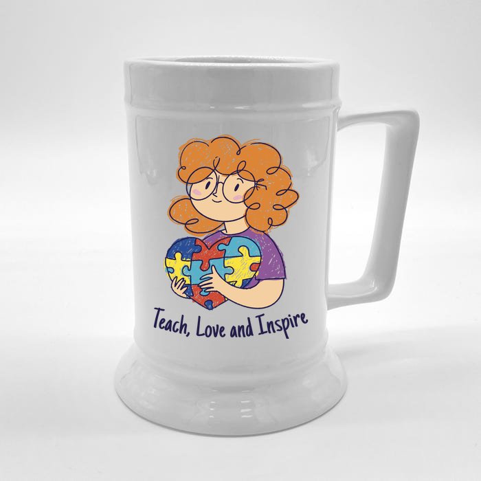 Teach Love And Inspire Teacher Autism Front & Back Beer Stein