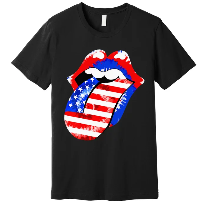 Tongue Lips American Flag 4th Of July Proud Tie Dye Premium T-Shirt