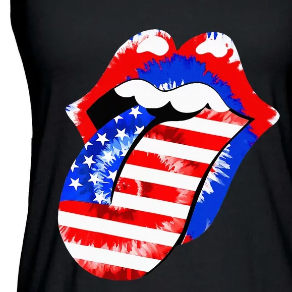 Tongue Lips American Flag 4th Of July Proud Tie Dye Ladies Essential Flowy Tank