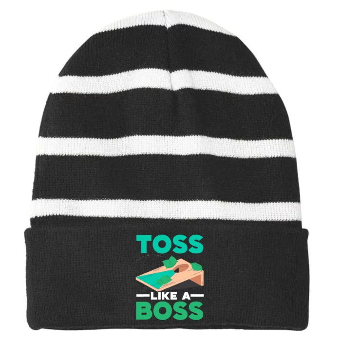 Toss Like A Boss Cornhole Player Bean Bag Sack Toss Striped Beanie with Solid Band