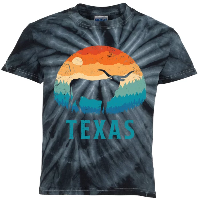 Texas Longhorn Cow Vintage Texan Cattle Herd Retro Lone Star Kids Tie-Dye T-Shirt