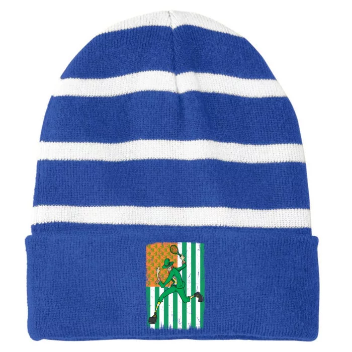 Tennis Leprechaun Cannabis Marijuana Flag St Patrick's Day Funny Gift Striped Beanie with Solid Band