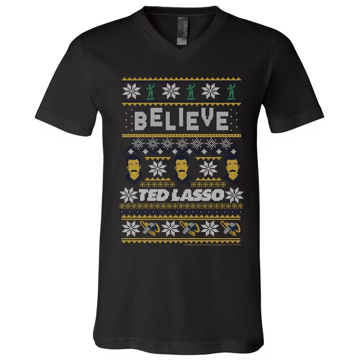 Ted Lasso Christmas Believe Ted Lasso Ugly Sweater V-Neck T-Shirt