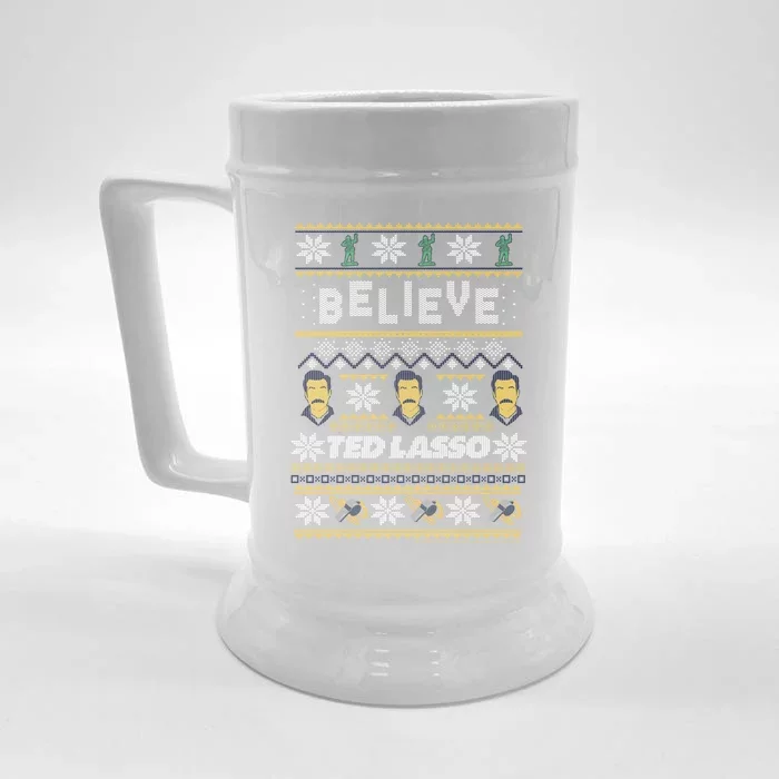 Ted Lasso Christmas Believe Ted Lasso Ugly Sweater Front & Back Beer Stein