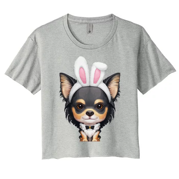 Tricolor Long Coat Chihuahua In Easter Bunny Costume Women's Crop Top Tee