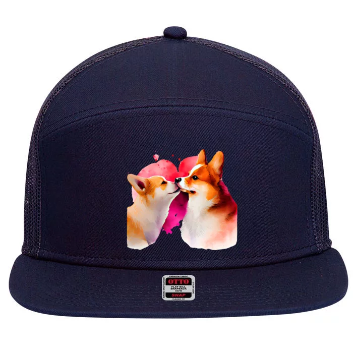 Two Loving Corgis In Love Heart Valentine's Day Dog Corgi Cool Gift 7 Panel Mesh Trucker Snapback Hat