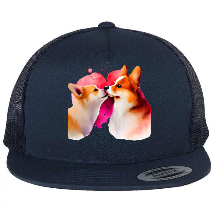 Two Loving Corgis In Love Heart Valentine's Day Dog Corgi Cool Gift Flat Bill Trucker Hat