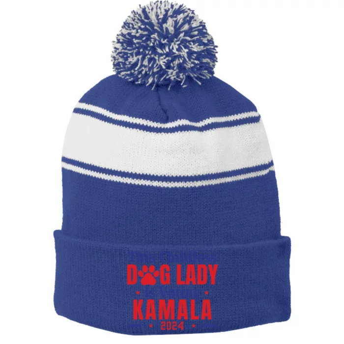 This Less Dog Lady Is Voting Kamala For President 2024 Gift Stripe Pom Pom Beanie