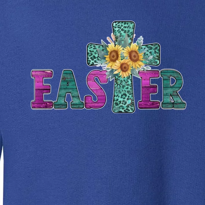 Turquoise Leopard Easter Cross For Christian Sunflower Mom Cool Gift Toddler Sweatshirt