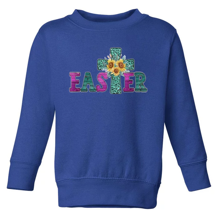 Turquoise Leopard Easter Cross For Christian Sunflower Mom Cool Gift Toddler Sweatshirt