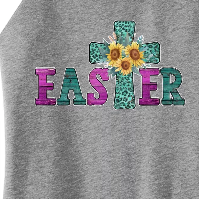 Turquoise Leopard Easter Cross For Christian Sunflower Mom Cool Gift Women’s Perfect Tri Rocker Tank