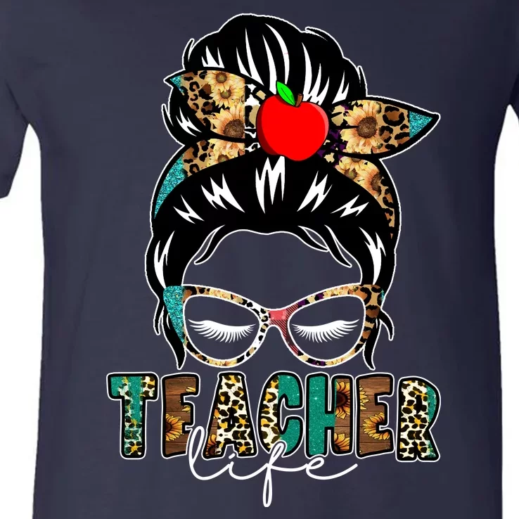 Teacher Life Female Bun V-Neck T-Shirt