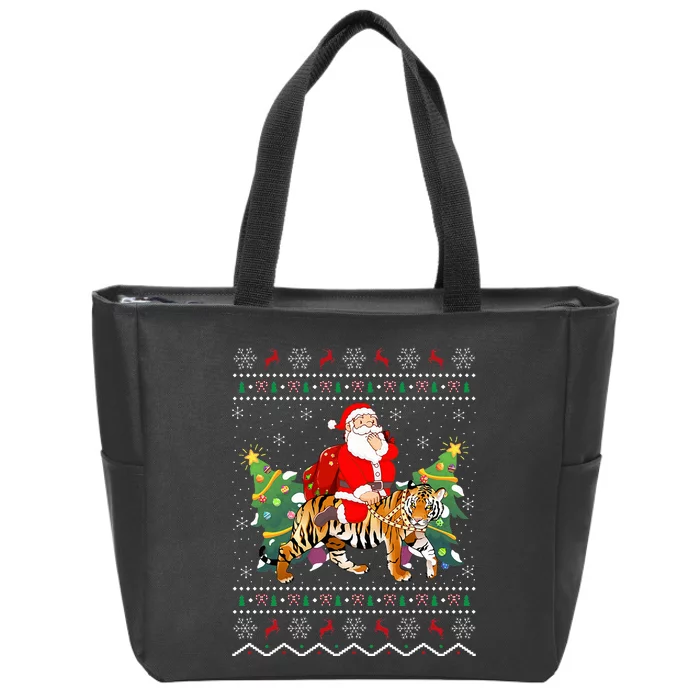 Tiger Lover Gift Ugly Santa Riding Tiger Christmas Zip Tote Bag